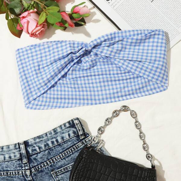 

Twist Front Shirred Gingham Bandeau Top, Blue and white