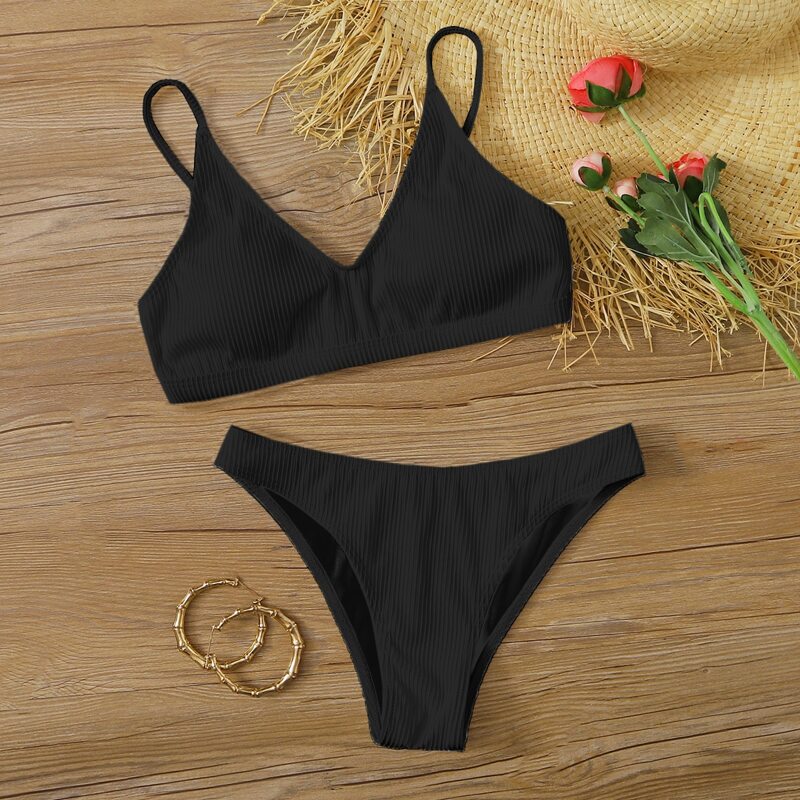 

Plain Rib Bikini Swimsuit, Black
