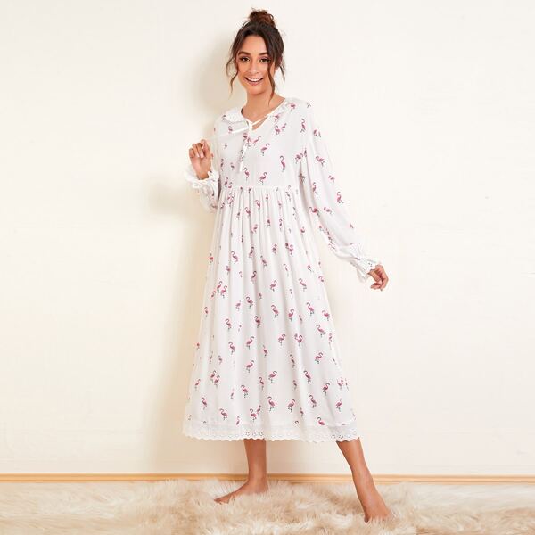 

Tie Neck Eyelet Embroidery Ruffle Trim Flamingo Print Smock Nightdress, White
