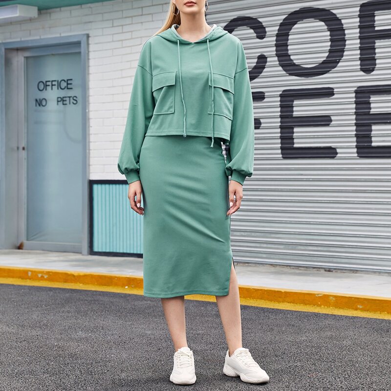

Drop Shoulder Pocket Front Hoodie & Split Side Skirt Set, Mint green