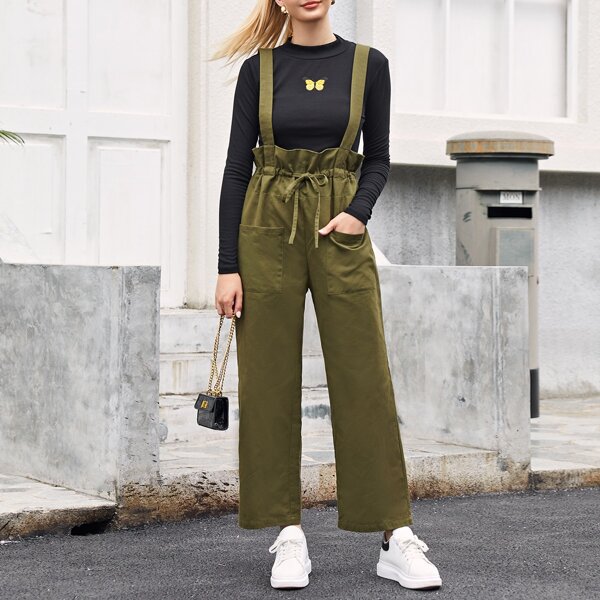 

Paperbag Waist Pocket Front Wide Leg Pinafore Jumpsuit, Army green
