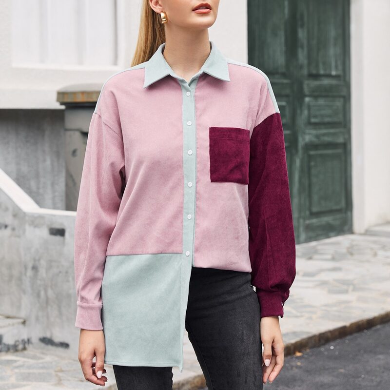 

Collared Buttoned and Pocket Front Colorblock Cord Coat, Multicolor