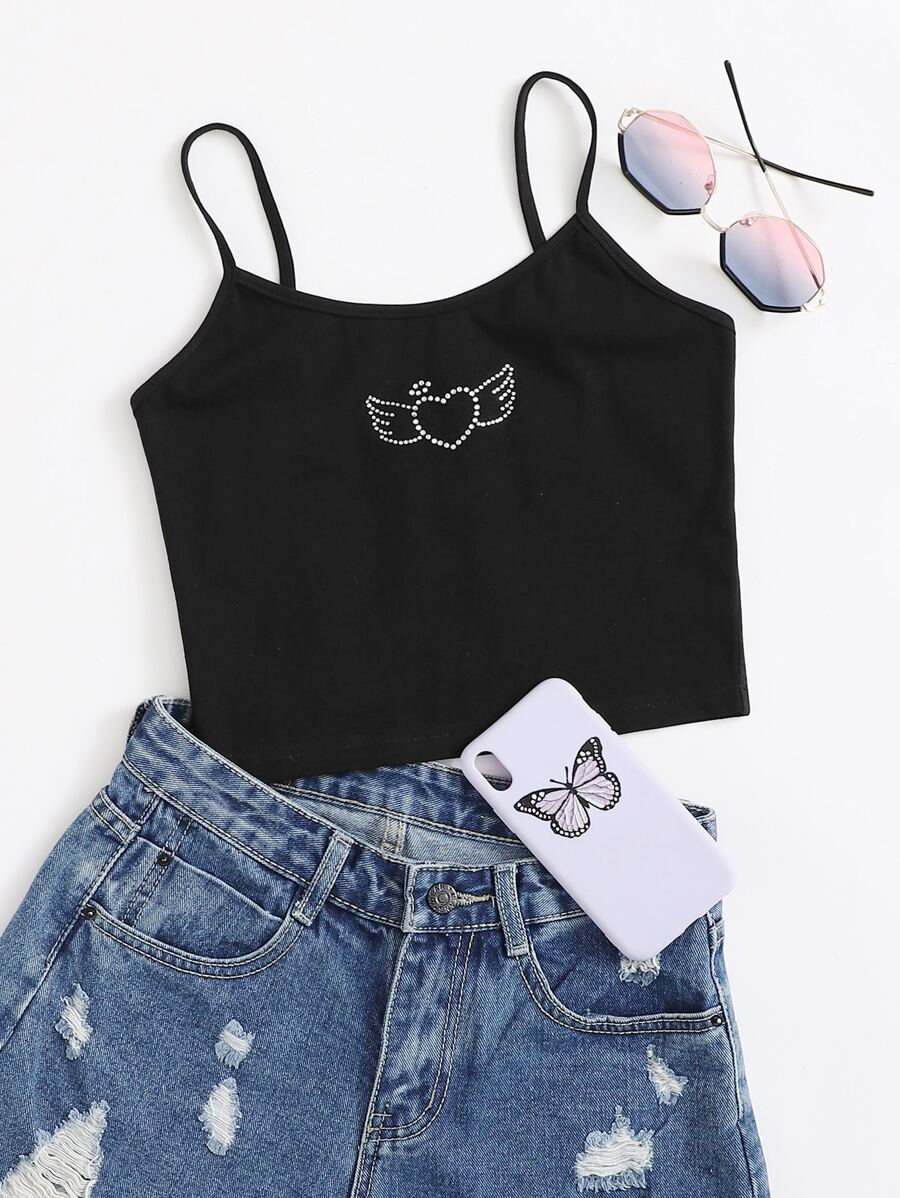 SHEIN Rhinestone Wing Crop Cami Top - màu đen - Xem 1
