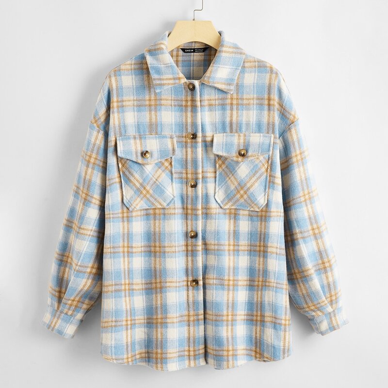 

Collared Single Breasted Pocket Front Plaid Coat, Multicolor