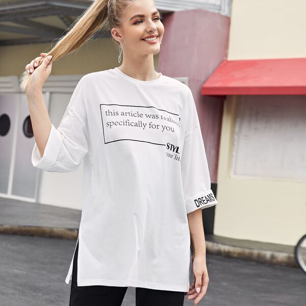 

Slogan Graphic Drop Shoulder Split Hem Tee, White