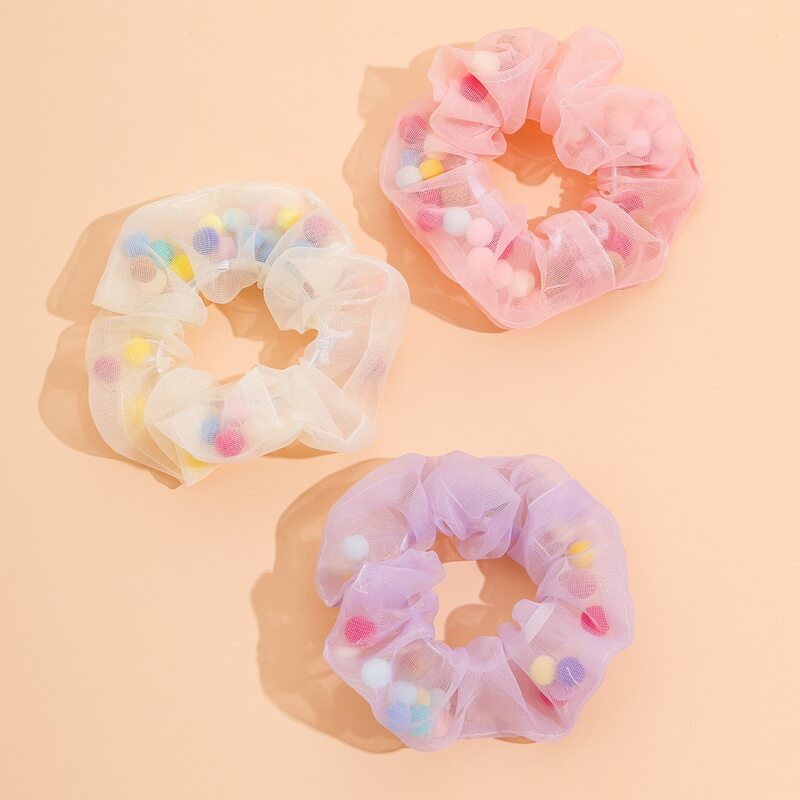 

3pcs Pom Pom Mesh Scrunchie, Multicolor