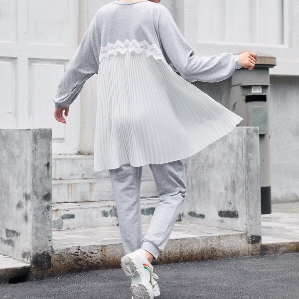 

Guipure Trim Pleated Back Pullover & Sweatpants Set, Light grey
