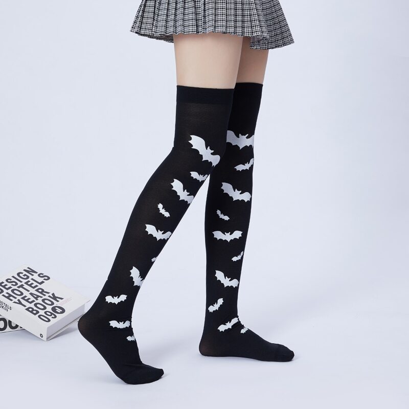 

Bat Printed Over Knee Stockings, Black