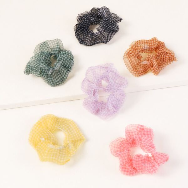 

6pcs Girls Gingham Pattern Scrunchie, Multicolor