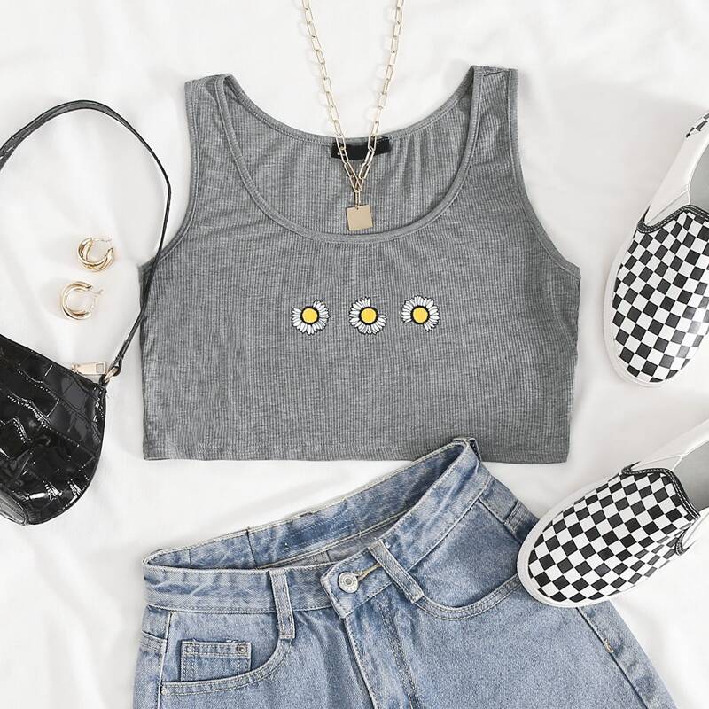 

Daisy Floral Print Tank Crop Top, Grey