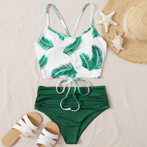 

Leaf Print Rib Ruched High Waisted Bikini Swimsuit, Green