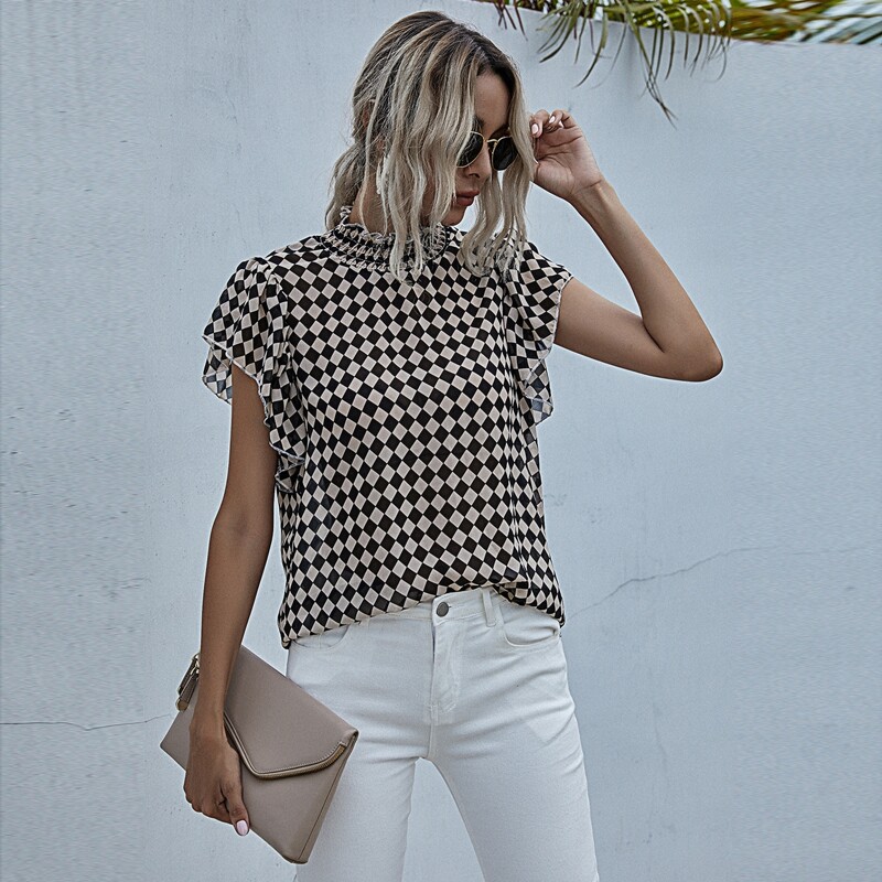 

Checkerboard Print Shirred Neck Blouse, Multicolor