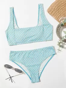 Ditsy Floral Square Neck Bikini Set Summer Beach - Baby Blue - View 1