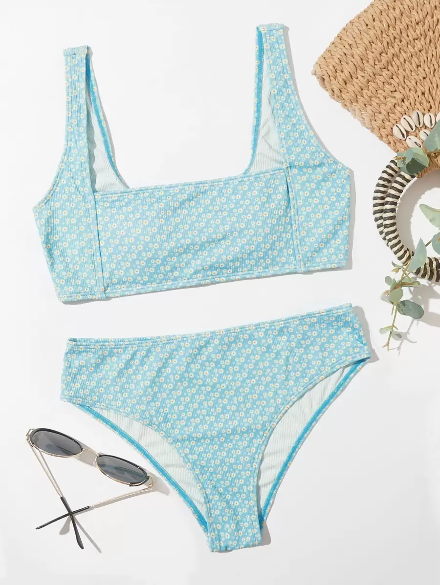Ditsy Floral Square Neck Bikini Set Summer Beach - Baby Blue - View 1