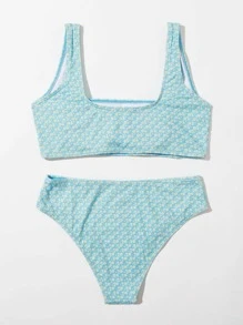 Ditsy Floral Square Neck Bikini Set Summer Beach - Baby Blue - View 2