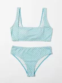 Ditsy Floral Square Neck Bikini Set Summer Beach - Baby Blue - View 3