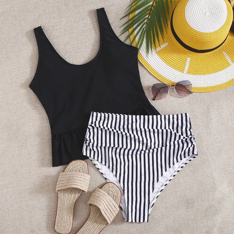 

Striped Ruched High Waisted Bikini Swimsuit, Black and white