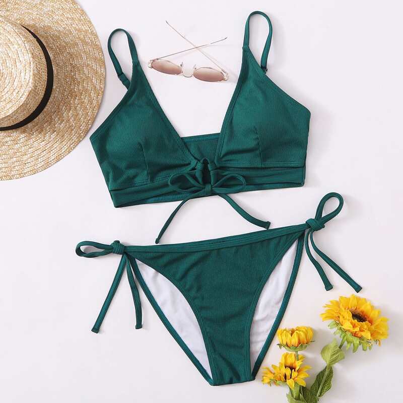 

Plain Rib Tie Side Bikini Swimsuit, Dark green