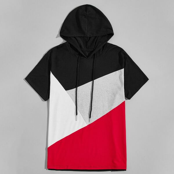 

Men Color Block Drawstring Hooded Tee, Multicolor