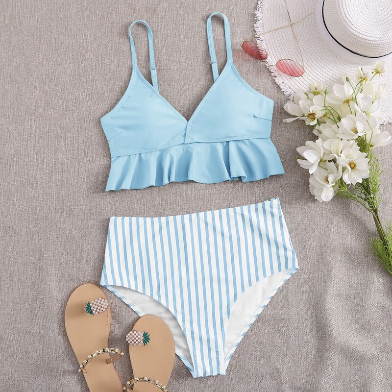 

Striped Ruffle Hem High Waisted Bikini Swimsuit, Blue and white