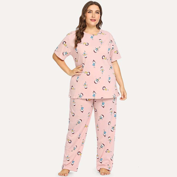 

Plus Cartoon Figure Graphic PJ Set, Baby pink