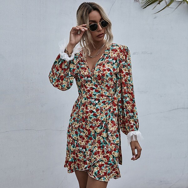 

Ditsy Floral Print Belted Wrap Dress, Multicolor