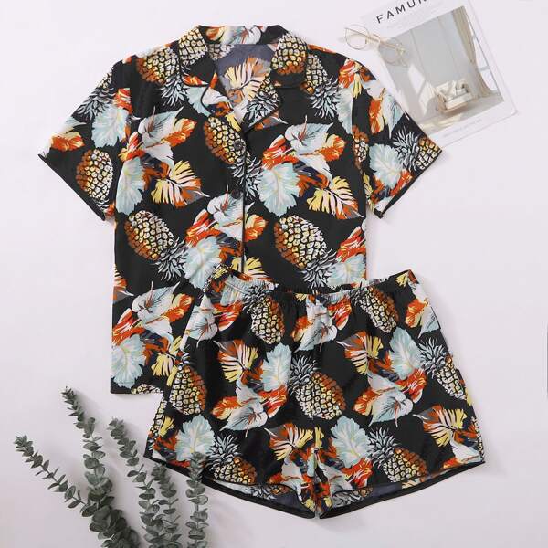 

Plus Pineapple Print Button Front PJ Set, Multicolor