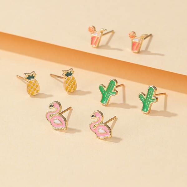 

4pairs Girls Pineapple Shaped Stud Earrings, Multicolor