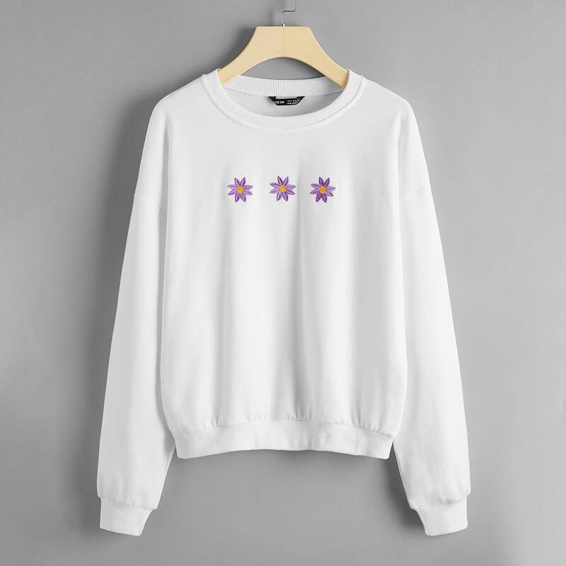 

Drop Shoulder Floral Embroidery Pullover, White