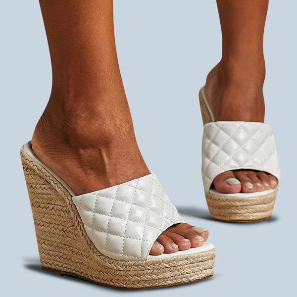 

Quilted Espadrille Wedge Mules, White