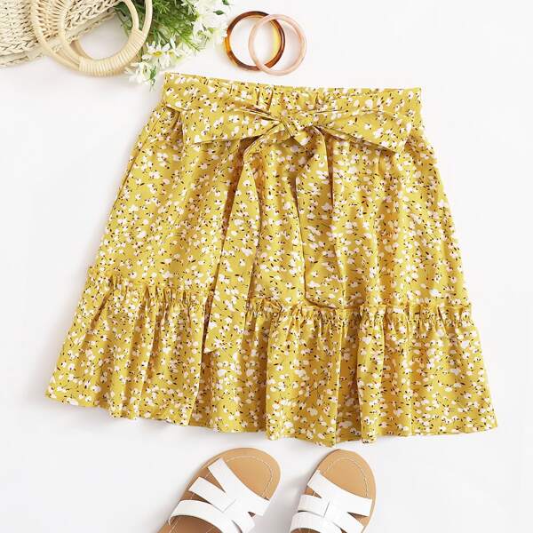 

Self Belted Frill Trim Ditsy Floral Skirt, Mustard yellow
