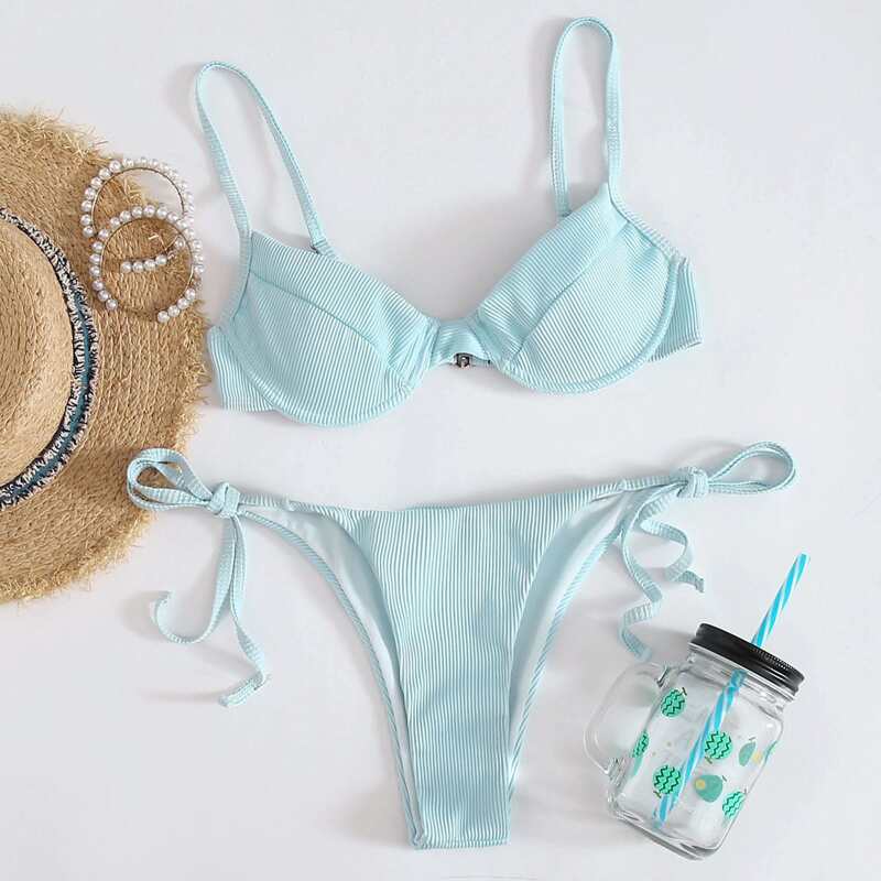 

Rib Underwire Tie Side Bikini Swimsuit, Baby blue