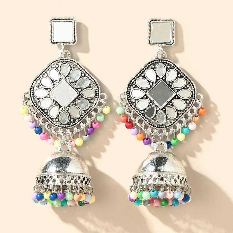 

Colorful Bead Charm Drop Jhumka Earrings, Silver