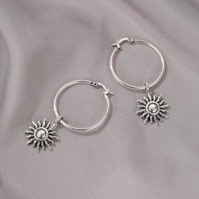 

Metal Sun Hoop Drop Earrings, Silver