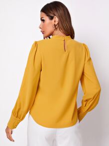 SHEIN Frenchy Solid Plicated Front Keyhole Back Blouse - Mustard Yellow - View 2