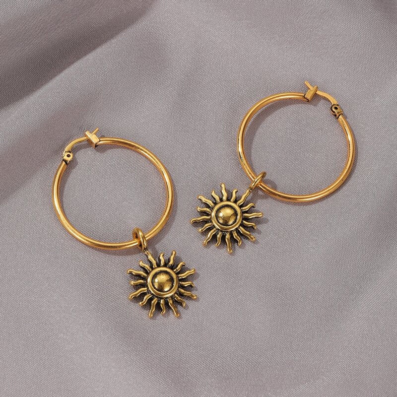 

Metal Sun Hoop Drop Earrings, Gold