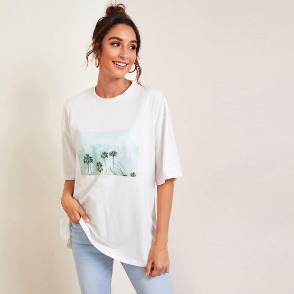 

Palm Tree Print Oversized Tee, White