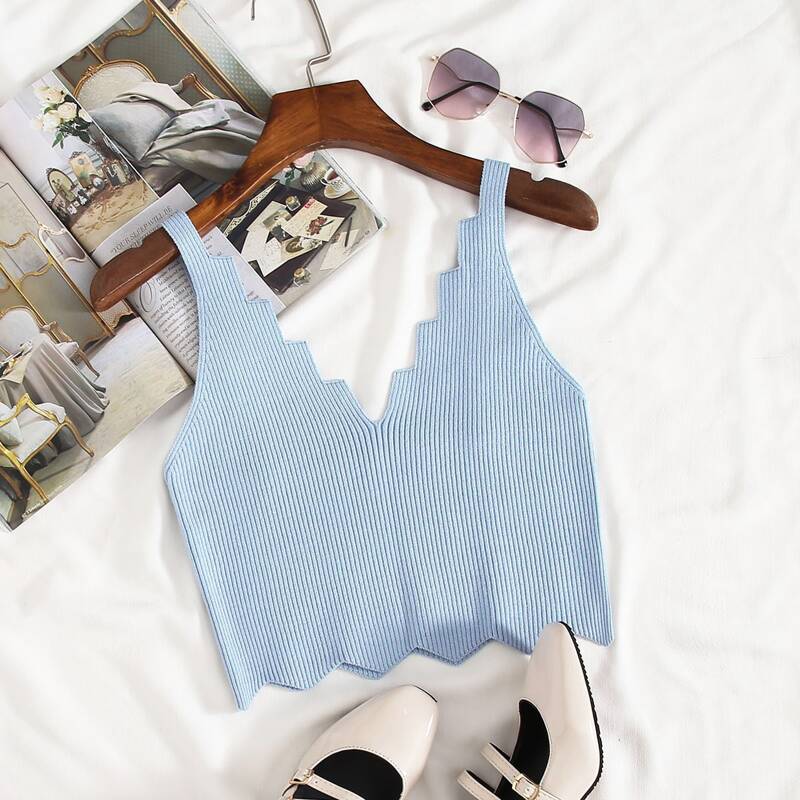 

Chevron Trim Rib-knit Tank Crop Top, Baby blue
