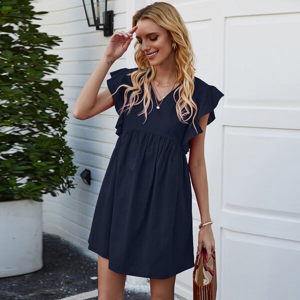 

Solid Cap Sleeve Smock Dress, Navy blue