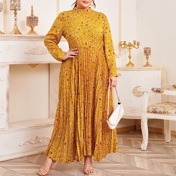 

Plus Ditsy Floral Mock Neck Pleated Hem A-line Dress, Mustard yellow