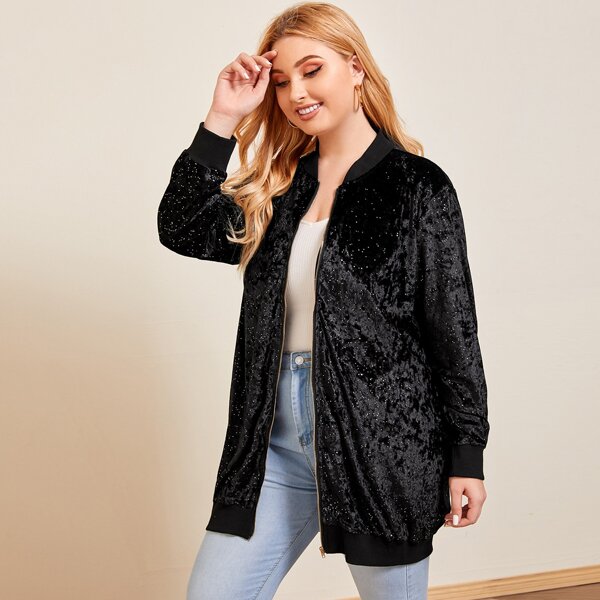 

Plus Zip Up Polka Dot Velvet Longline Bomber Jacket, Black