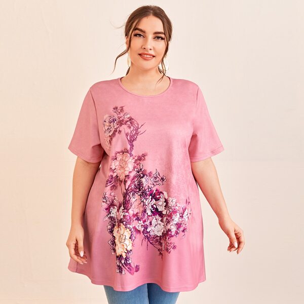 

Plus Floral Print Longline Tee, Dusty pink