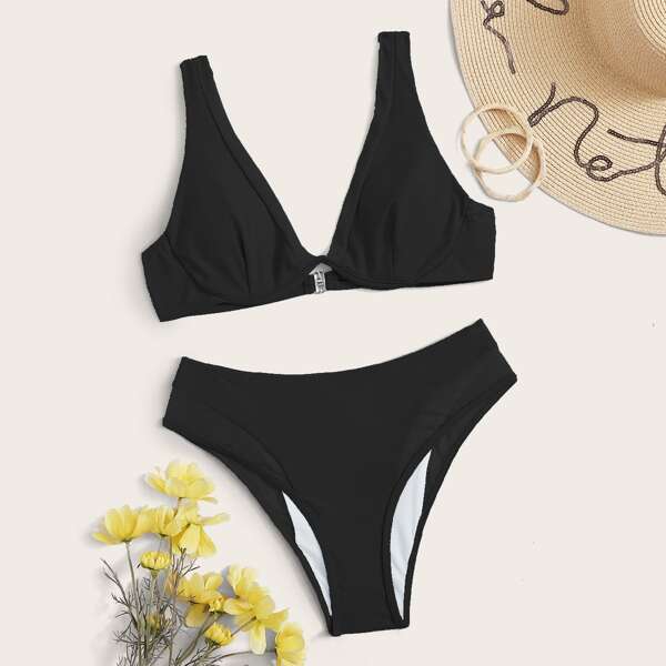 

Contrast Mesh Underwire High Waisted Bikini Swimsuit, Black