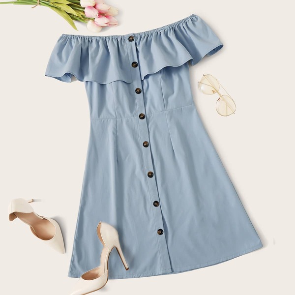 

Plus Button Front Ruffle Trim Bardot Dress, Pastel dusty blue