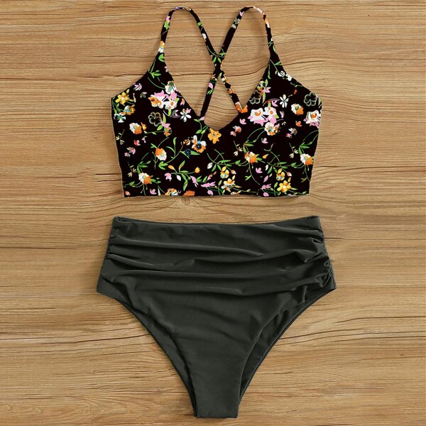 

Plus Floral Ruched High Waisted Bikini Swimsuit, Black
