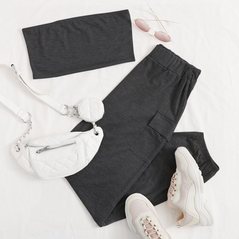 

Solid Tube Top & Pocket Side Pants, Dark grey