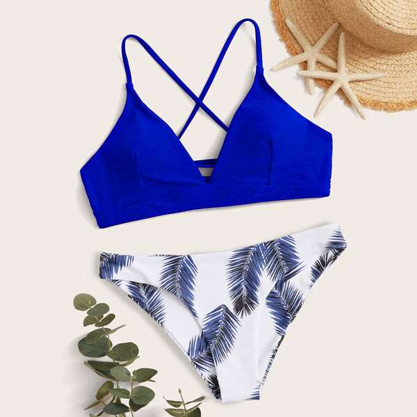 

Tropical Criss Cross Bikini Swimsuit, Royal blue