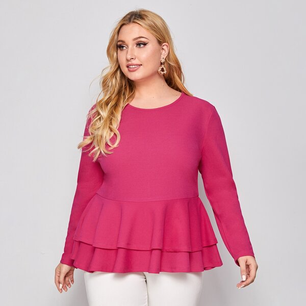

Plus Layered Hem Peplum Top, Pink bright