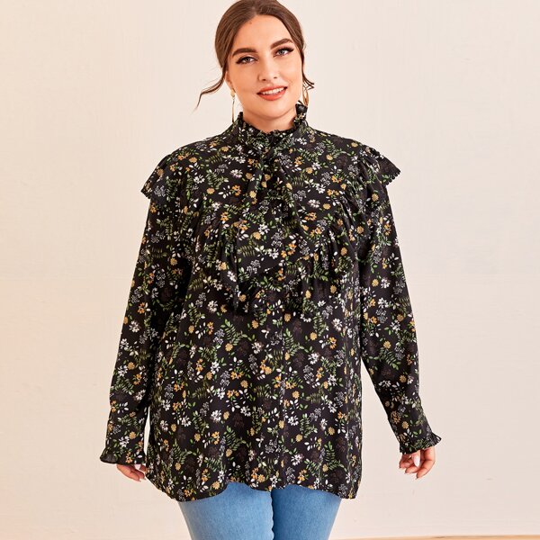 

Plus Tie Neck Allover Plants Print Blouse, Black