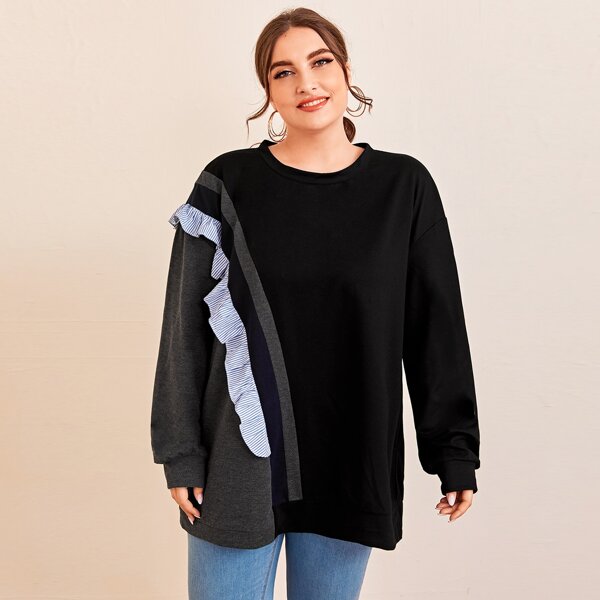

Plus Color-block Frill Trim Sweatshirt, Black